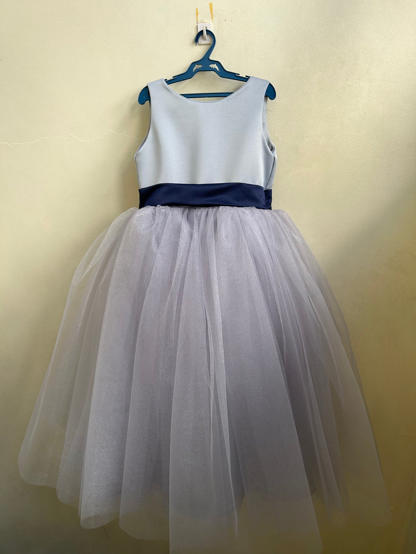 Macy Dress in Gray with Navy Blue Belt