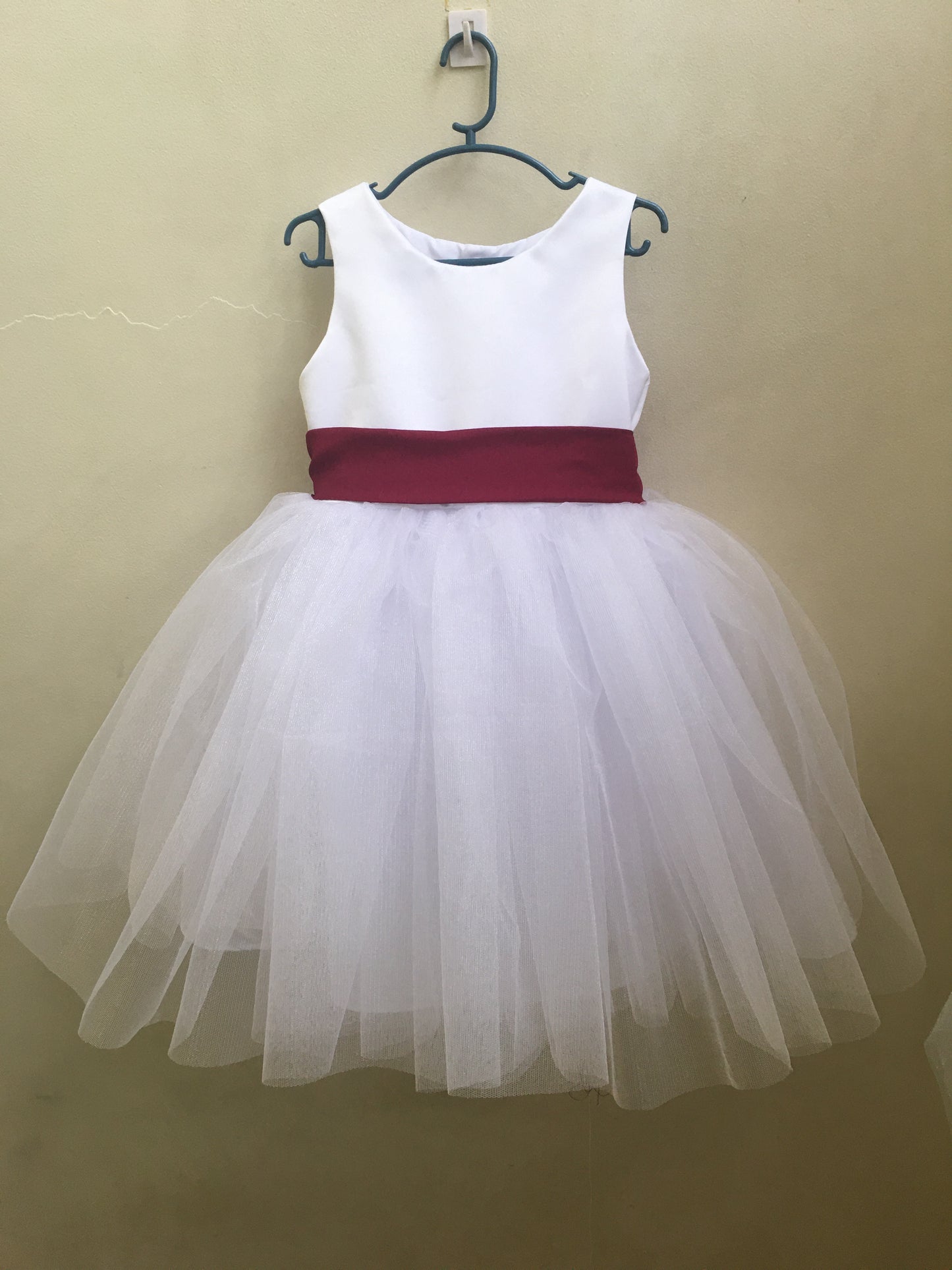 Macy Dress in White with Maroon Belt and Ribbon