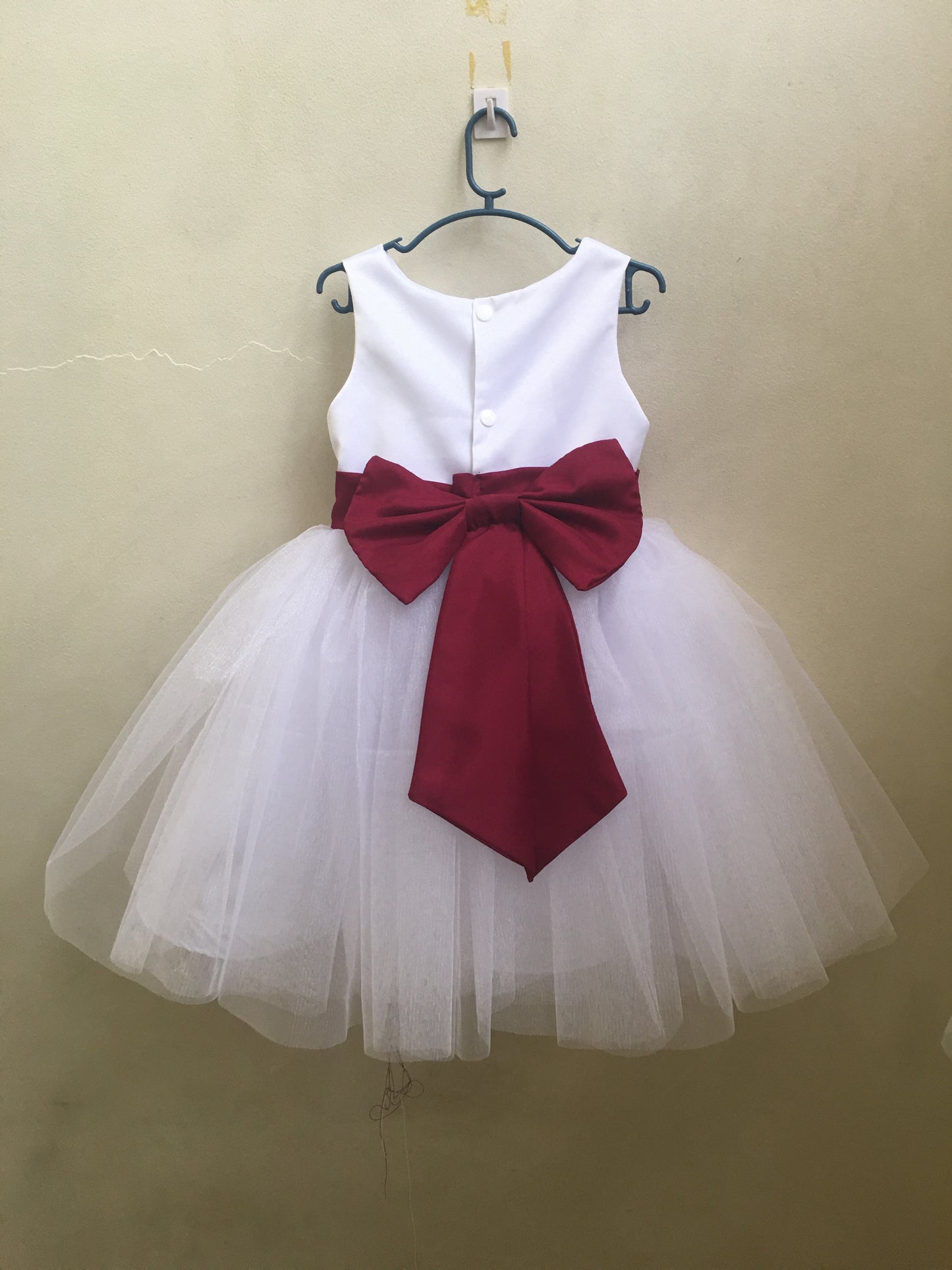 Macy Dress in White with Maroon Belt and Ribbon