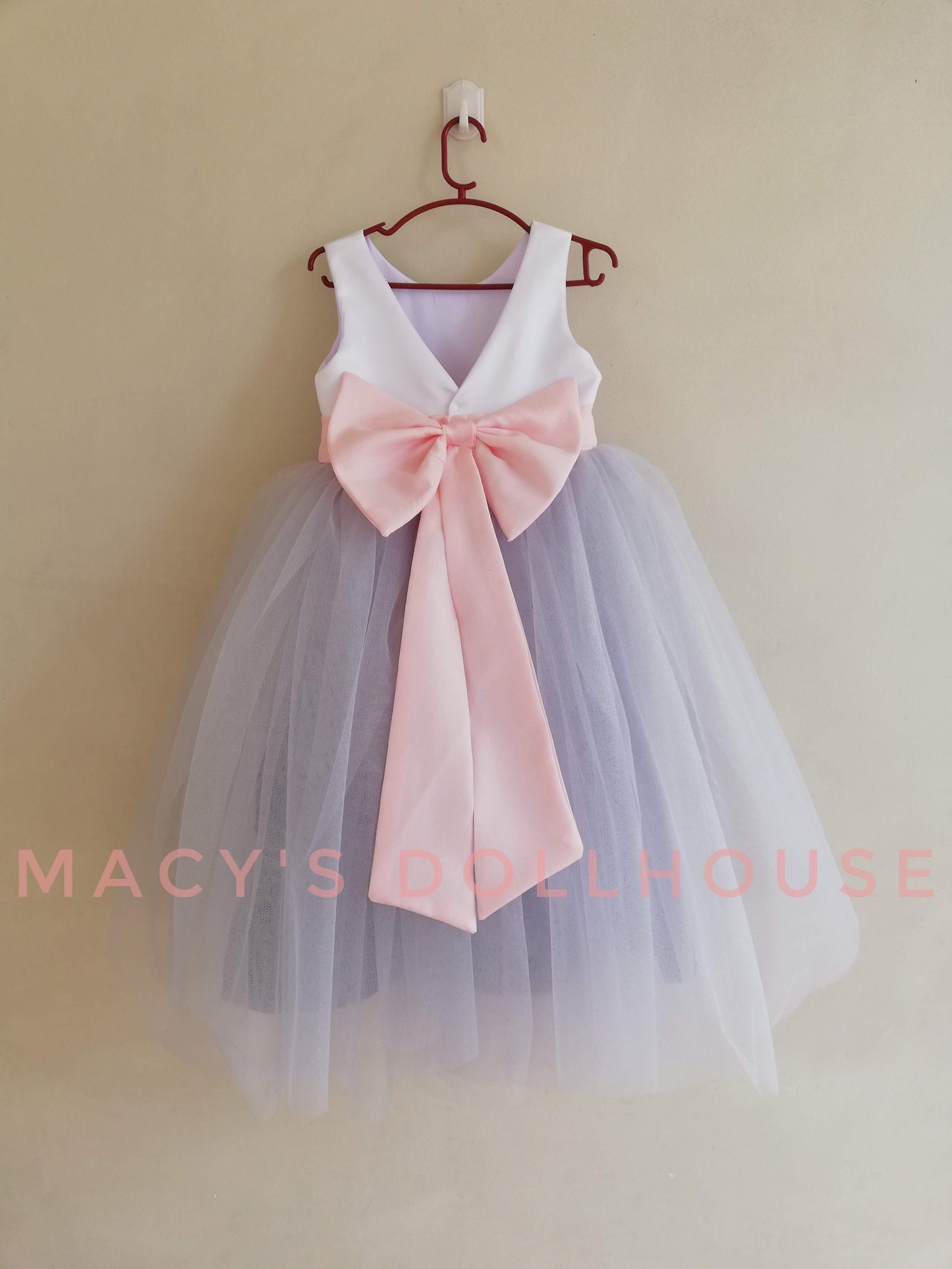 Macy Dress in White and Light Gray with Light Blush Belt