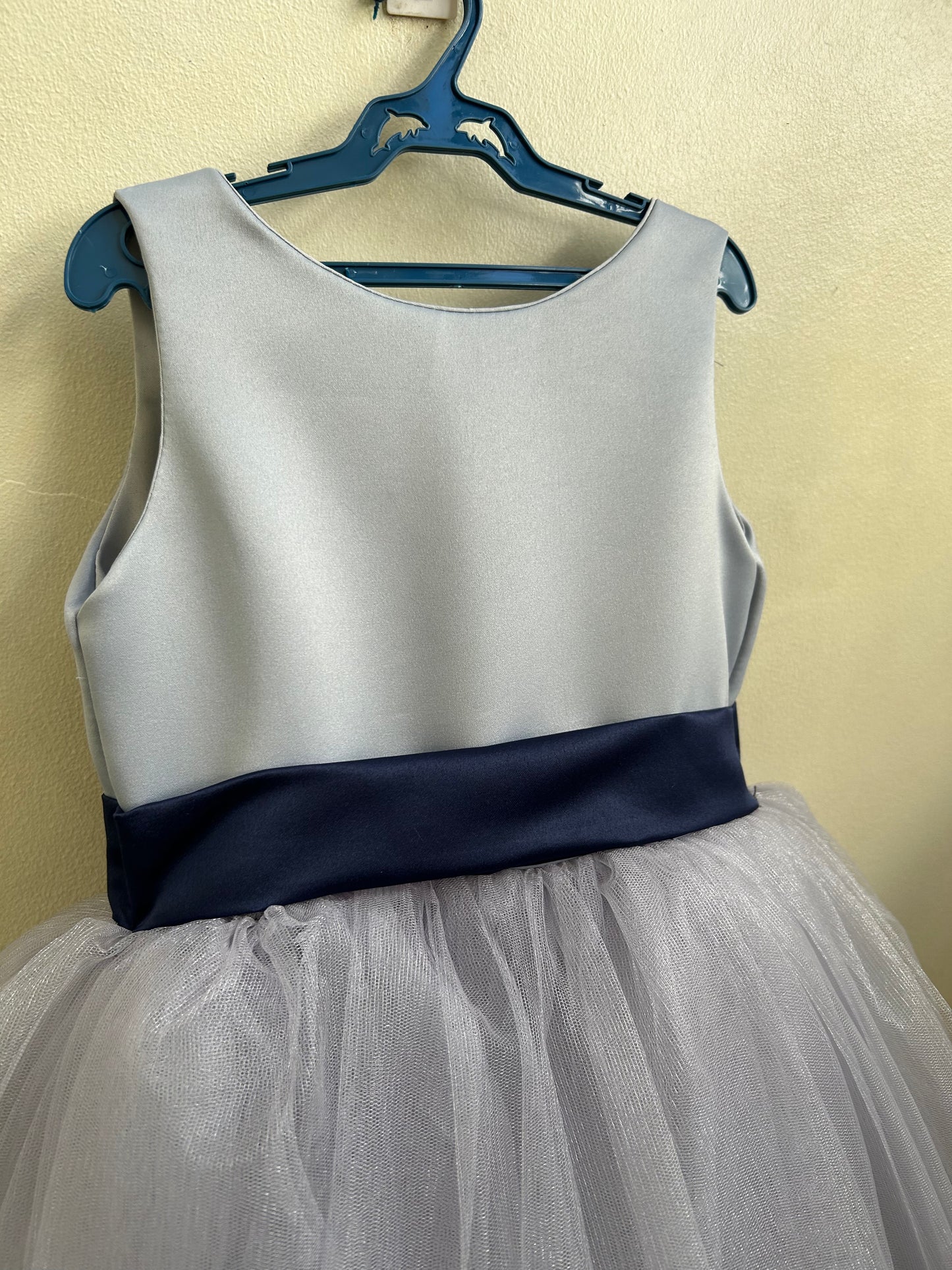 Macy Dress in Gray with Navy Blue Belt