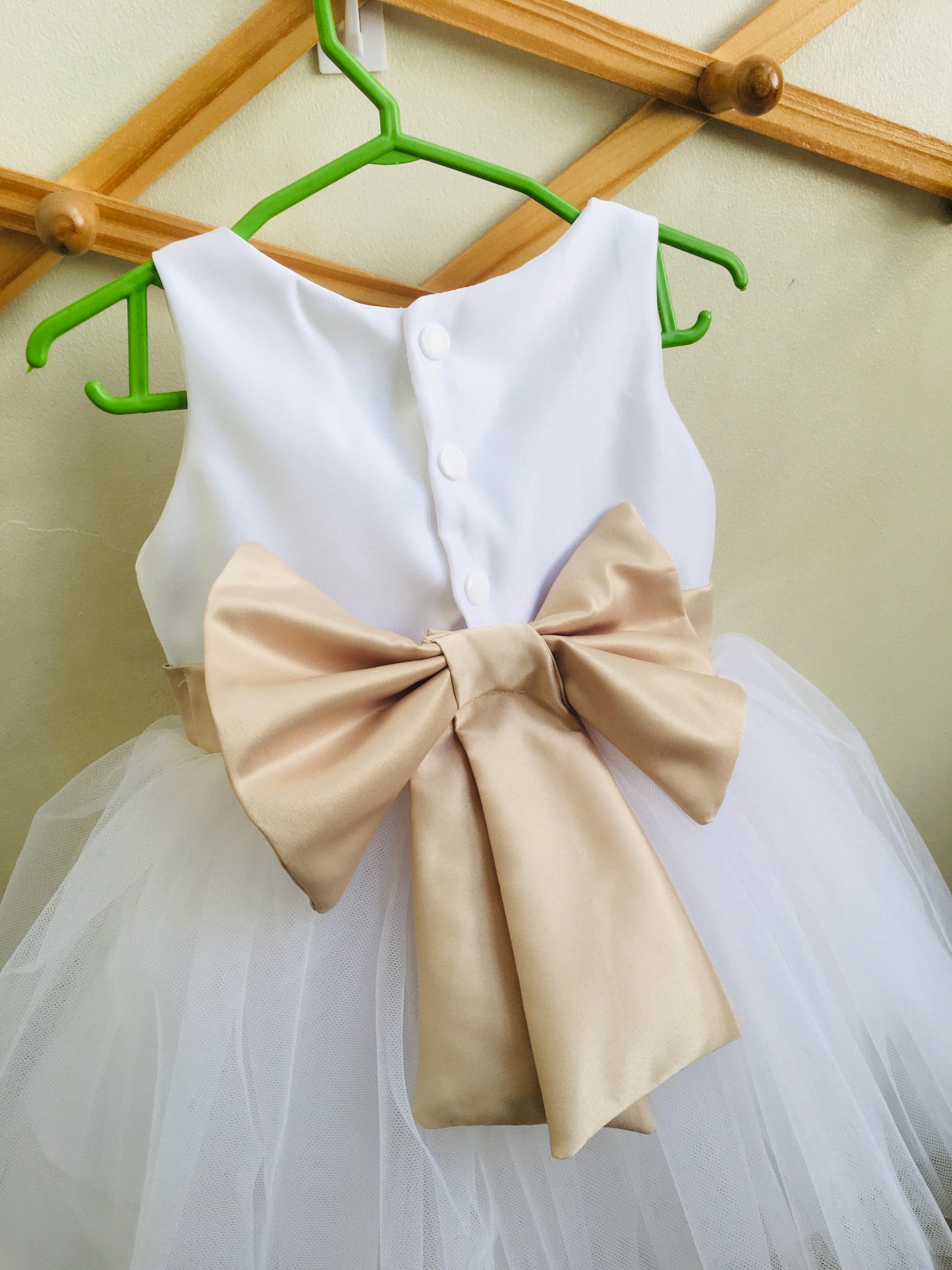 Macy Dress in White with Beige Belt and Ribbon