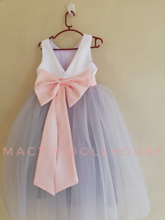 Macy Dress in White and Light Gray with Light Blush Belt