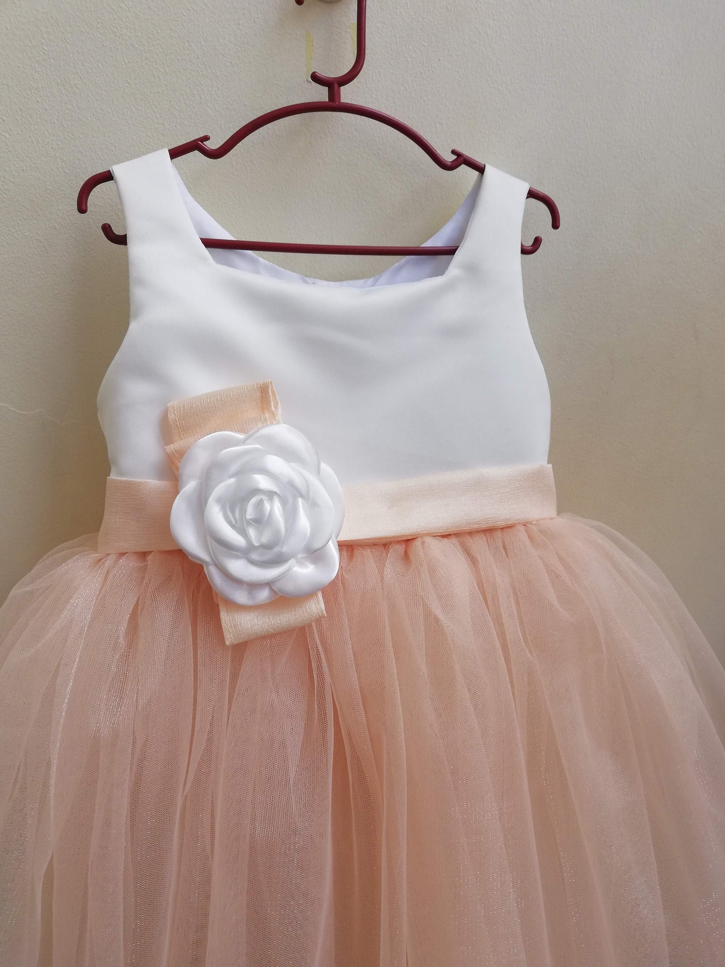 Macy Dress in White and Champagne with Flower Accent (Modified)