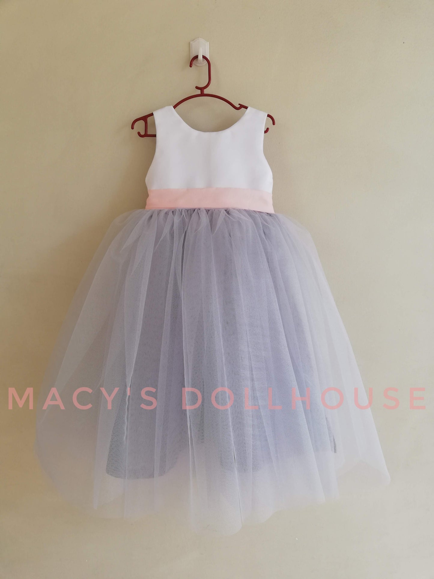 Macy Dress in White and Light Gray with Light Blush Belt