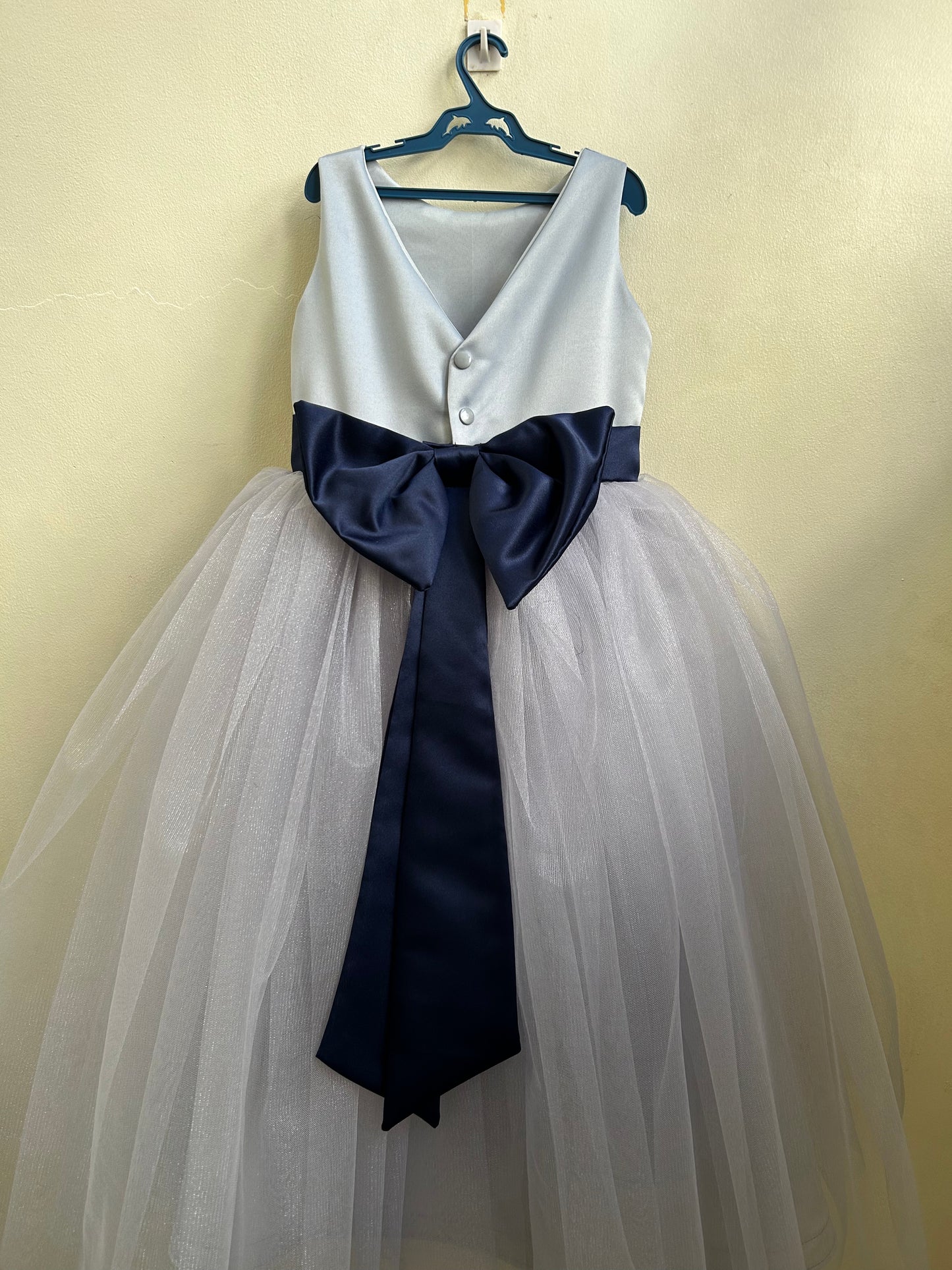 Macy Dress in Gray with Navy Blue Belt