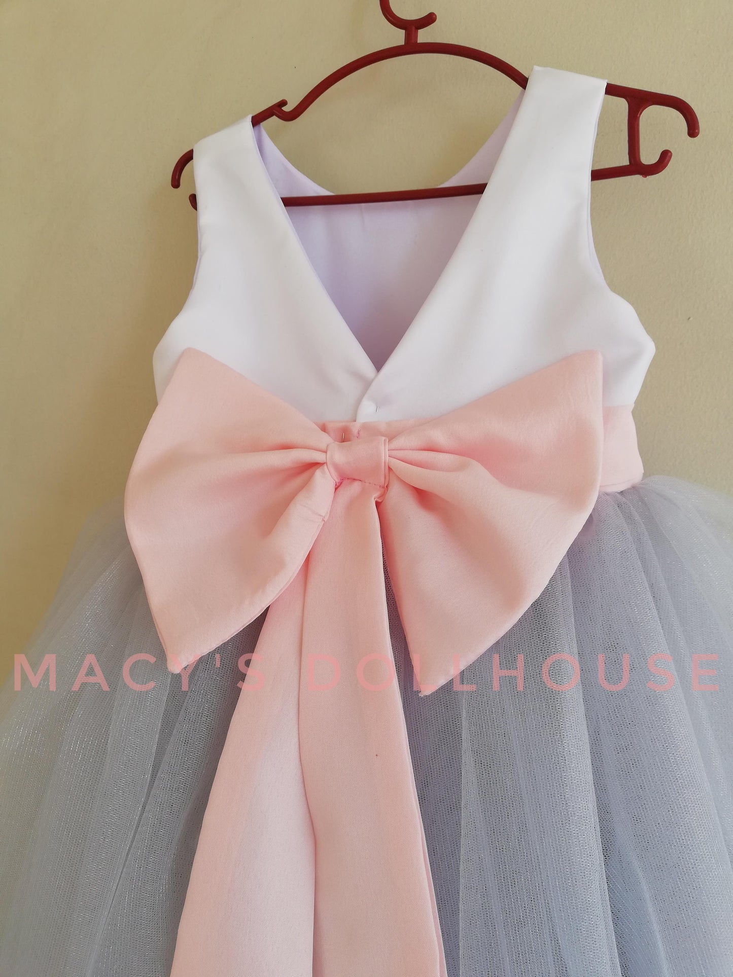 Macy Dress in White and Light Gray with Light Blush Belt