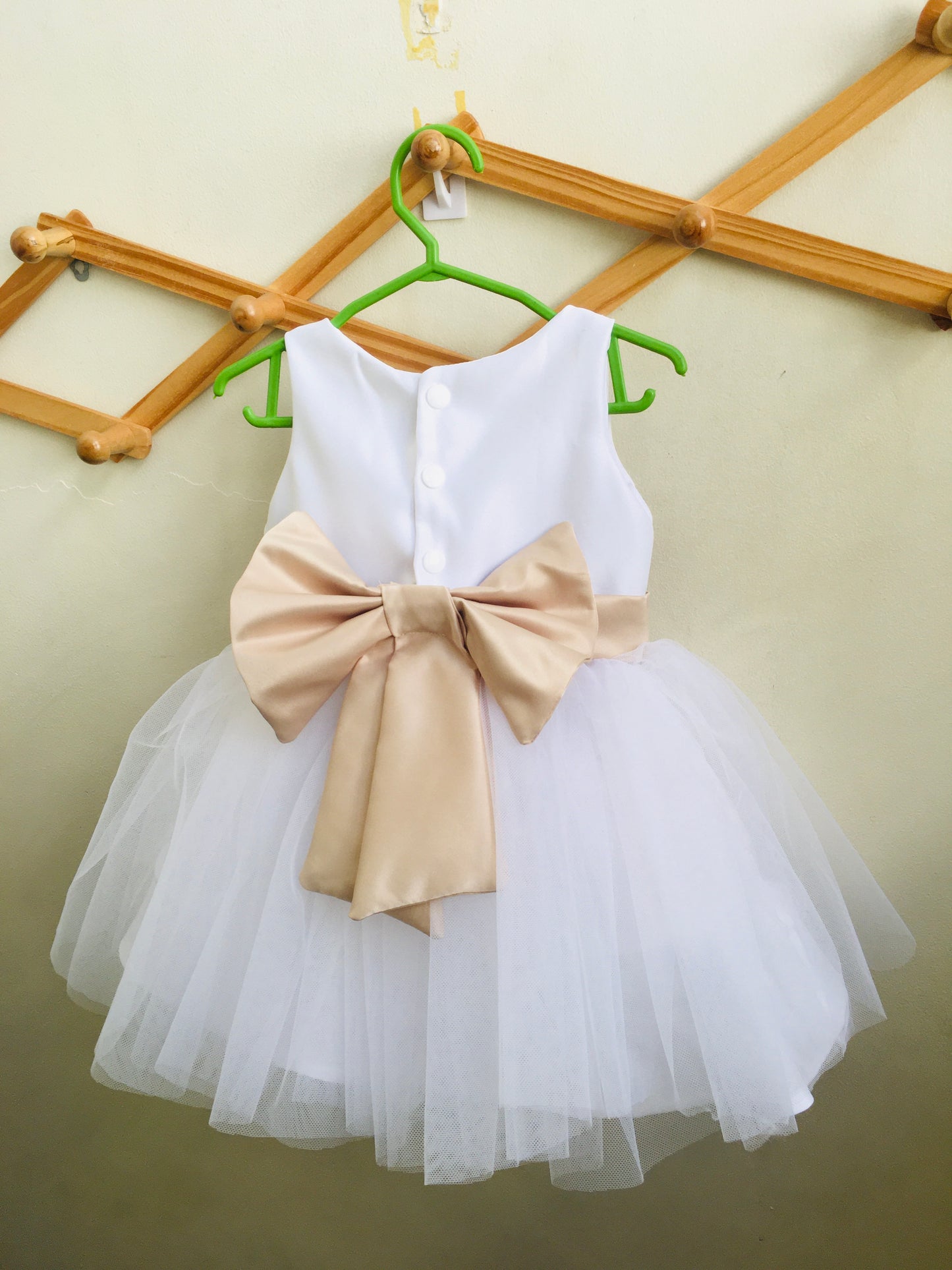 Macy Dress in White with Beige Belt and Ribbon