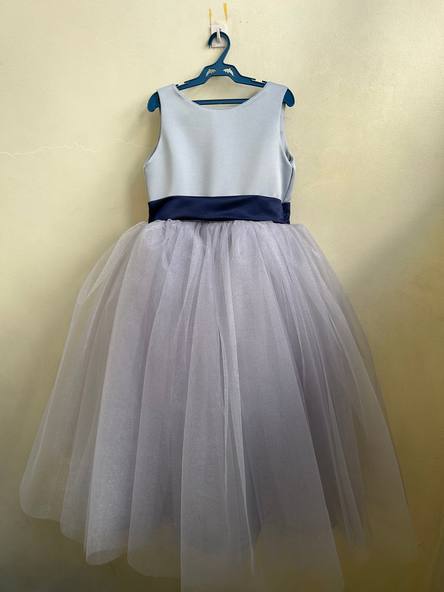 Macy Dress in Gray with Navy Blue Belt